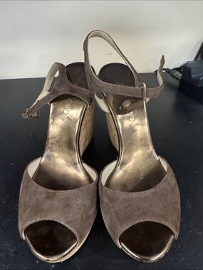 Jimmy Choo Brown Suede Peep-Toe Wedge Sandals